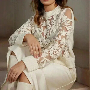 White Casual Women's Sexy Flower Jacquard Sheer Mesh Panel Sweater